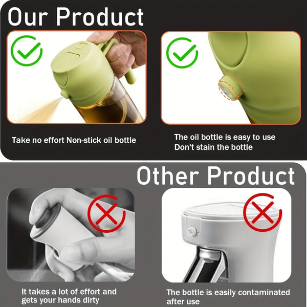 2 Kitchen Glass Olive Oil Bottles with 6 Stickers, Oil Dispenser and Cooking Spray Device, 16oz Premium Dark Green Glass Oil Bottle, Perfect Cooking Tool for Grilling, Camping, and Salads, Nozzle Design for Easy Cleaning, Suitable for Cooking