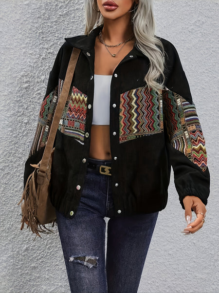 Pieced Ethnic Style Long Sleeve Flap Collar Casual Jacket for Women