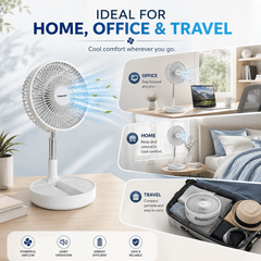 A2Z 8 Inch Rechargeable USB Foldable Desk Fan – Portable White Cooling Fan with Adjustable Height & Tilt, 5-Blade Quiet Operation, LED Indicator & Compact Design for Home, Office & Travel Use