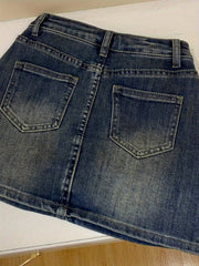 Y2K Vintage High Waist Denim Skirt - Dark Blue Pleated Flared Hem, Machine Washable Summer Casual Outfit, Retro Style Daily Wear for Women