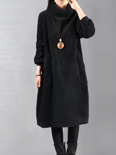 Women'S Elegant Corduroy Dress - Long Sleeve Turtleneck Loose Fit Winter Warm Dress with Pockets, Solid Color (Navy/) - Cozy Fall/Winter