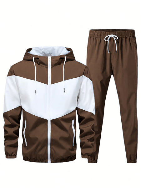 Men'S Casual 2pcs Athletic Set Unisex Couple All-Season Spring Autumn Loose Color-Block Athletic Outfit Hooded Sweater Zip-Up Jacket Long Sleeve Outerwear Long Pants Jogging Trousers Gym Workout Running Outdoor Set Elastic Pants Hoodie Top And Botto