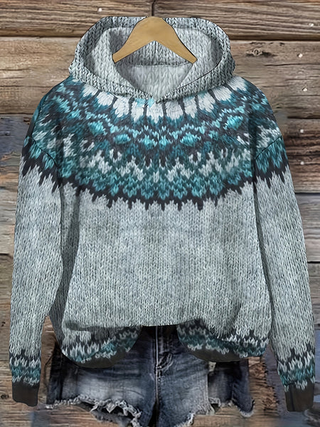 Women's Winter Hooded Jacquard Sweatshirt Style Glacier Snow Mountain Chunky Elegant Fashionable Comfortable Casual Vintage Commuter Soft Slim-Fit Top