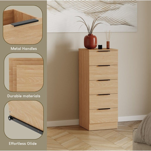Modern 5 Drawer Narrow Chest of Drawers Dresser Space Saving Storage Organizer Bedroom Furniture