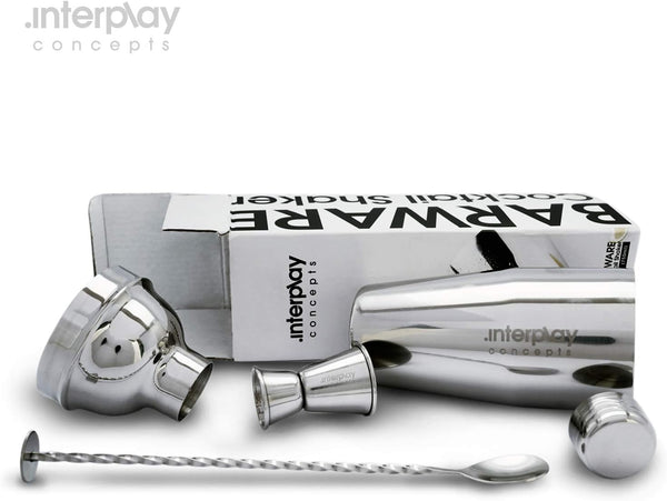 Interplay Concepts 5 Pieces Large 750Ml Stainless Steel Cocktail Shaker Set with Strainer, Jigger and Mixing Spoon, Cocktail Set with Bar Accessories