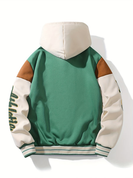 Men'S Fall Winter New Letter Embroidery Contrast Color Patchwork Outdoor Sports Fashion Hooded Baseball Jacket Coat