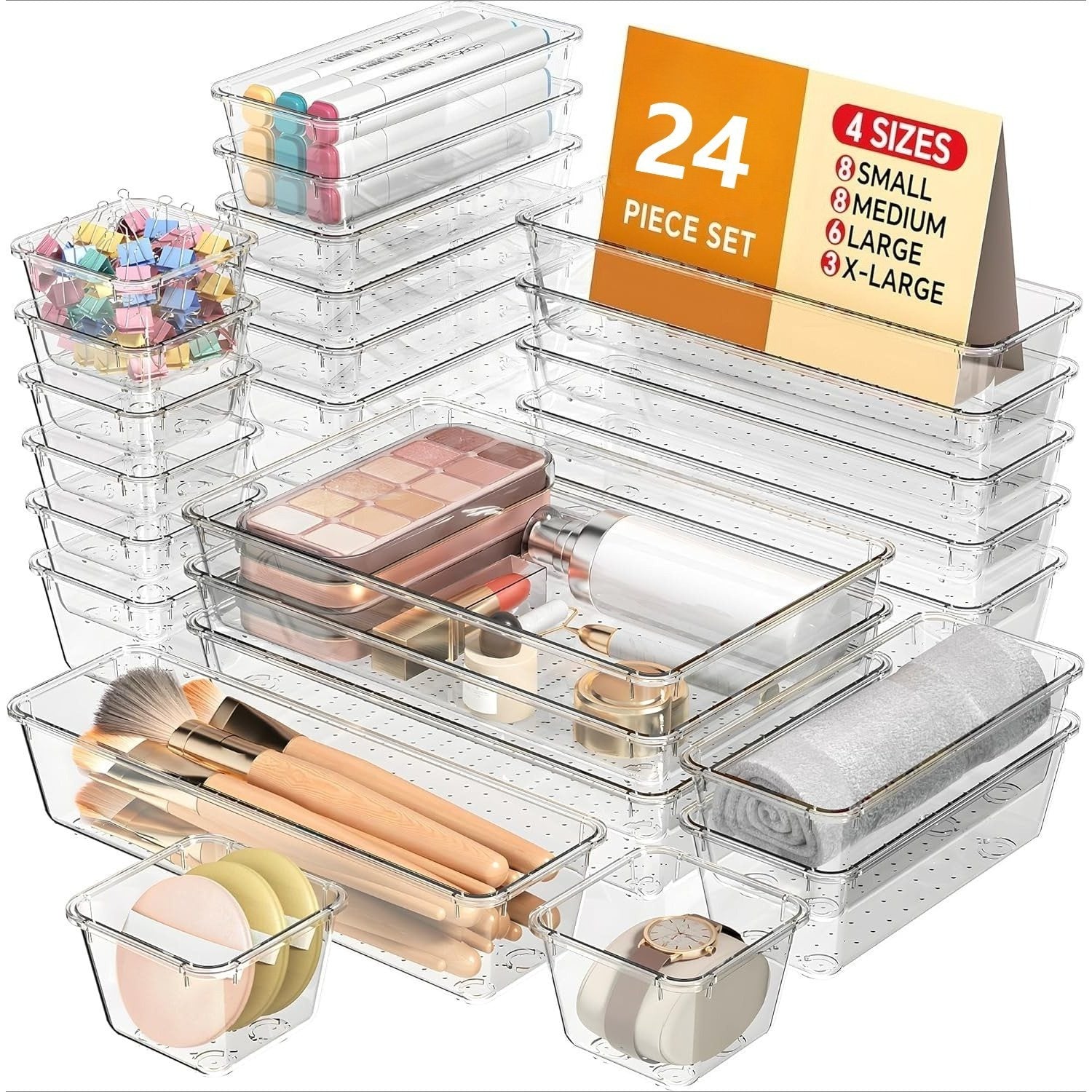 24pcs Plastic Draw Organiser Set – Desk, Fridge & Makeup Storage Divider Trays UK