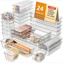 24pcs Plastic Draw Organiser Set – Desk, Fridge & Makeup Storage Divider Trays UK