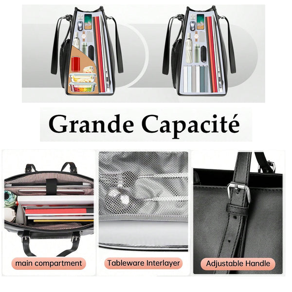 Laptop Tote Bag for Women with Insulated Compartment,Lunch Bag,, 15.6 Inch PU Leather Briefcase Tote, Leakproof Work Handbag with Adjustable Handle, Large Capacity Waterproof Briefcase for School, Multifunctional Office & School Bag, Black