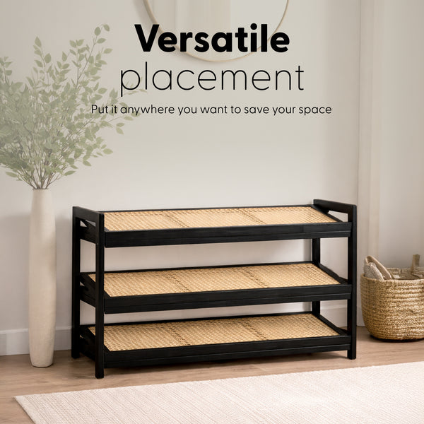 KEPLIN 2/3/4-Tier Bamboo and Rattan Shoe Rack Organizer – Durable, Easy Assembly – Compact Design for Entryway, Closet, or Hallway – Stylish and Functional Storage – Black and Natural
