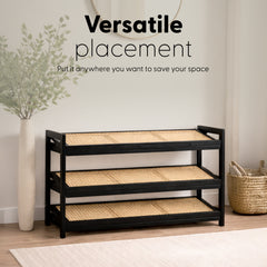 KEPLIN 2/3/4-Tier Bamboo and Rattan Shoe Rack Organizer – Durable, Easy Assembly – Compact Design for Entryway, Closet, or Hallway – Stylish and Functional Storage – Black and Natural