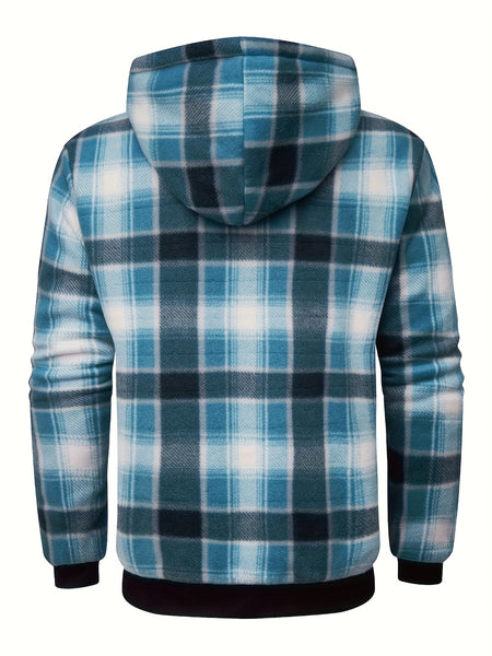Men's Heavyweight -Lined Hooded Jacket - Full-Zip Plaid Thickened Shirt with Pockets and Adjustable Drawstring, Comfortable and Warm for Autumn and Winter