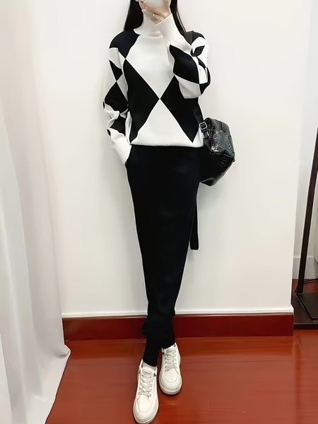 Women's Fashionable Plaid Sweater Set, New Autumn/ winter Style, Casual Plaid Two-piece Sweater Set, Drawstring Elastic Waist, Side Pockets, Suitable for Autumn/ winter Casual Wear and Daily Commuting, Combining Fashion and Warmth.