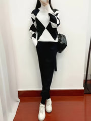 Women's Fashionable Plaid Sweater Set, New Autumn/ winter Style, Casual Plaid Two-piece Sweater Set, Drawstring Elastic Waist, Side Pockets, Suitable for Autumn/ winter Casual Wear and Daily Commuting, Combining Fashion and Warmth.