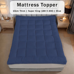 10cm Hotel Quality Mattress Topper | Super Soft with 1000GSM Hollowfiber Filling | Elasticized Corner Straps | White Blue Grey | Single, Small Double (4ft), Double, King, Super King Size