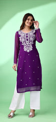 Estationeryhouse Women's Georgette Lucknowi chikankari kurti, Rose Design with Heavy Embroidery, Without Bottom