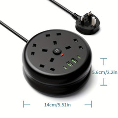 8-in-1 Power Strip Surge Protector/ Power Board/ Extension Socket with 2m Retractable Cord, 3250W, 13A, Portable Power Socket, Overload Protection, 4 AC Power Sockets, 4 USB Ports, Suitable for Home, Kitchen, Office Or Hotel Use.