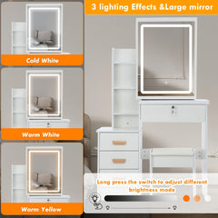 Modern Dressing Table with LED Lights, Vanity Desk with Mirror/4 Drawers/Cushioned Stool, Makeup Bedroom Dressing Table with Open Shelves for Home Bedroom