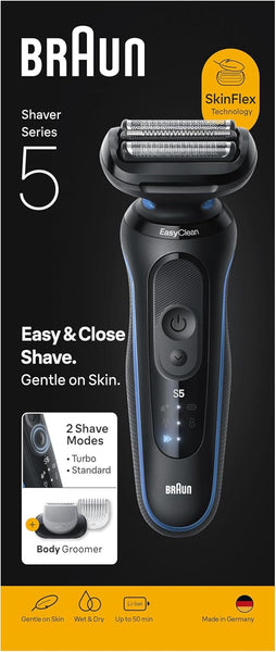 Braun Series 5 Electric Shaver, Wet & Dry Foil Razor for Men with Body Groomer Attachment, Cordless, up to 50 Min, 100 Percent Waterproof, 52-B1600S, Blue