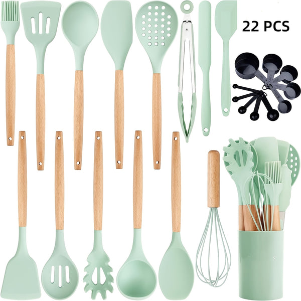 12pcs/22pcs/30pcs/37pcs, Kitchen Utensils Set, Kitchen Cooking Utensils Set, Spoon, Spatula, 446F Heat Resistant Non Stick Food Grade Silicone And Wooden Handles, Measuring Cups And Spoons, S Hooks