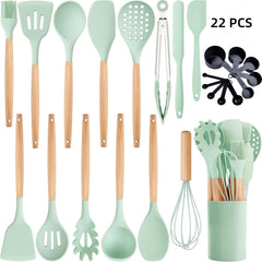 12pcs/22pcs/30pcs/37pcs, Kitchen Utensils Set, Kitchen Cooking Utensils Set, Spoon, Spatula, 446F Heat Resistant Non Stick Food Grade Silicone And Wooden Handles, Measuring Cups And Spoons, S Hooks