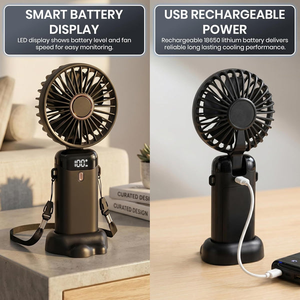 1pc Portable Handheld Fan USB Rechargeable Foldable Mini Desk Fans 5 Speeds, Personal Cooling Fan with Neck Strap for Travel, Office & Outdoor Use, Removable Cover for Easy Clean, Black, Pink, White Options 1 Pack
