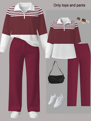 Women's 2pcs Suit Set - Striped Half-Pallet Pullover Top & Solid Color Pants with Zipper Closure, High-Elasticity Straight Leg Pants, Loose Fit for Commuting, Office & Daily Wear - All-Season Professional Attire (2pcs Matching Set)