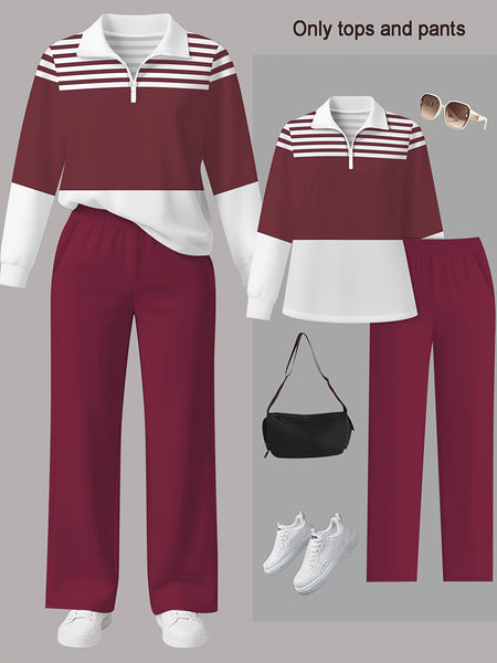 Women's 2pcs Suit Set - Striped Half-Pallet Pullover Top & Solid Color Pants with Zipper Closure, High-Elasticity Straight Leg Pants, Loose Fit for Commuting, Office & Daily Wear - All-Season Professional Attire (2pcs Matching Set)