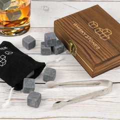Whiskey Stones Gift Set 9pcs Luxury Wooden Box Chilling Rocks Ice Cubes Serve