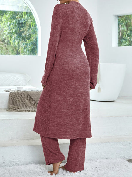Women's casual home suit solid color mid-length cardigan solid color camisole imitation lace-up trousers three-piece suit for women