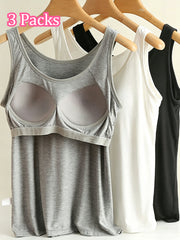3-Pack Women'S Sexy Sleeveless T-Shirt - Solid Color Vest with Bra, Casual Spaghetti Strap Top for Spring/Summer, Machine Washable, Suitable for Home Wear And Outgoing, Loose Fit, Women'S Summer Clothing, All-Season Style