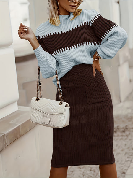 High Neck Pullover Skirt Split Two-Piece Color Block Contrast Thick Long Sleeve Sweater Set, Winter Wardrobe, Elegant Style, Color Block Design, Thick Fabric, Pullover Top, Long Sleeve Skirt, Women'S Fashion, Office Wear