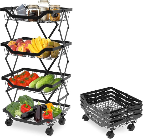 Foldable Kitchen Organizer Cart with 360° Rotating & Multi-Tier Shelves, Large Capacity Metal Vegetable Cart & Organiser - Portable, Space-Saving Storage for Pantry, Utility Room & Kitchen