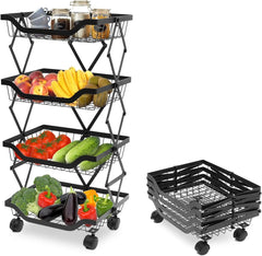 Foldable Kitchen Organizer Cart with 360° Rotating & Multi-Tier Shelves, Large Capacity Metal Vegetable Cart & Organiser - Portable, Space-Saving Storage for Pantry, Utility Room & Kitchen