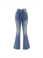 2025 New Women'S High-Stretch Flared Pants, Mid-Rise Fitted, Solid Hue, Suitable for All Seasons (55%, 43%, 2% Elastic Fiber), Button Closure, Pockets, Urban Style, Long - Out