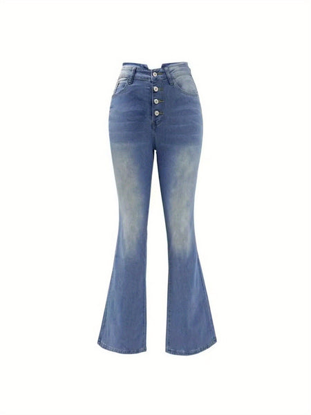 2025 New Women'S High-Stretch Flared Pants, Mid-Rise Fitted, Solid Hue, Suitable for All Seasons (55%, 43%, 2% Elastic Fiber), Button Closure, Pockets, Urban Style, Long - Out