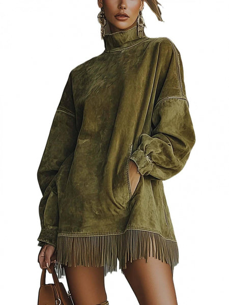 A High-Neck Dress for Women Featuring Fringes, a Loose Fit, Long Sleeves, And Pockets. This Bohemian-Style Skirt Is Perfect for The Relaxed Fashion of Autumn And Winter. It'S Great for Street Style, Holiday Trips