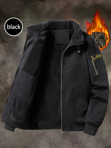 Men'S Fleece Lined Utility Jacket, Winter Outdoor Windproof Coat Warm Cold Weather Gear, Casual Athletic Trench Coat, Comfortable Fleece-Lined Thickened Jacket, Arm Sleeves with Zipper Pockets, Letter Print