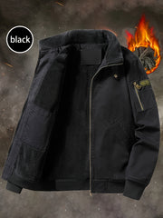 Men'S Fleece Lined Utility Jacket, Winter Outdoor Windproof Coat Warm Cold Weather Gear, Casual Athletic Trench Coat, Comfortable Fleece-Lined Thickened Jacket, Arm Sleeves with Zipper Pockets, Letter Print