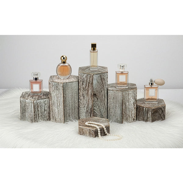 6-Pack Hexagon Display Risers in Vintage Brown – Tiered Display Stands for Shelves and Countertops – Display Plinths for Jewelry, Retail Crafts, Cupcakes, and Desserts