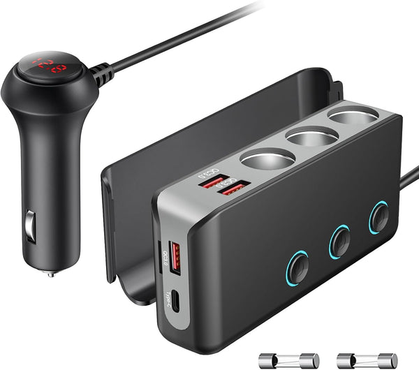 OOWOLF Cigarette Lighter Adapter 140W Cigarette Lighter USB Charger with 12V USB Socket Dual Plug/Port & Extension Lead Fast Charge for All Car Devices