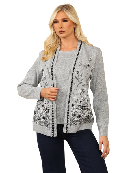 Ladies Twin Set Floral Sweater Womens Knitted Tank Top Cardigan Jumper