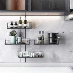 4 pieces, kitchen spice rack combination, no punching seasoning storage rack, metal wall mounted kitchen spice rack, layered storage of spices, seasonings, knives and forks, bathroom toiletries storage rack, cosmetics shelf, black