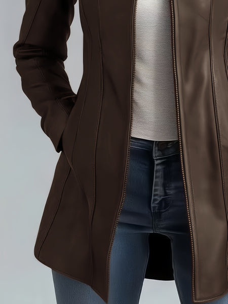 CHIDU Women's Leather Jacket, PU Slim-fit Retro Motorcycle Women's Jacket, Windproof Women's Jacket, Suitable for Spring, Autumn And Winter Jackets, Pockets, Zipper, Turtleneck, Global ALL, Mid-length Casual Women's Jacket