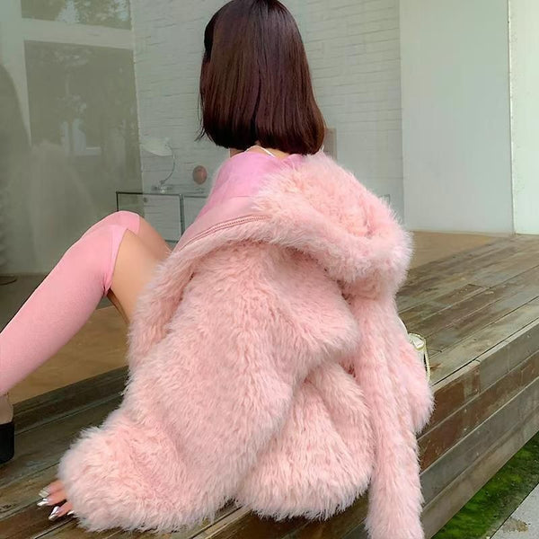 Imitation coat Women's cardigan 2025 autumn and winter new cute rabbit ears loose thickened furry sweater