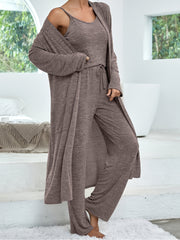 Women's casual home suit solid color mid-length cardigan solid color camisole imitation lace-up trousers three-piece suit for women