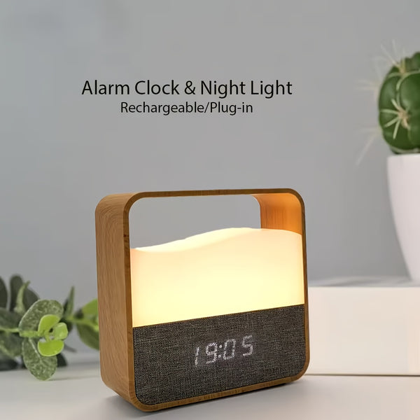 LED Bedside Lamp | Night Light with Alarm Clock, Time Display, Rechargeable, Adjustable Brightness, Soft Lighting for Home Bedrooms, USB Charging