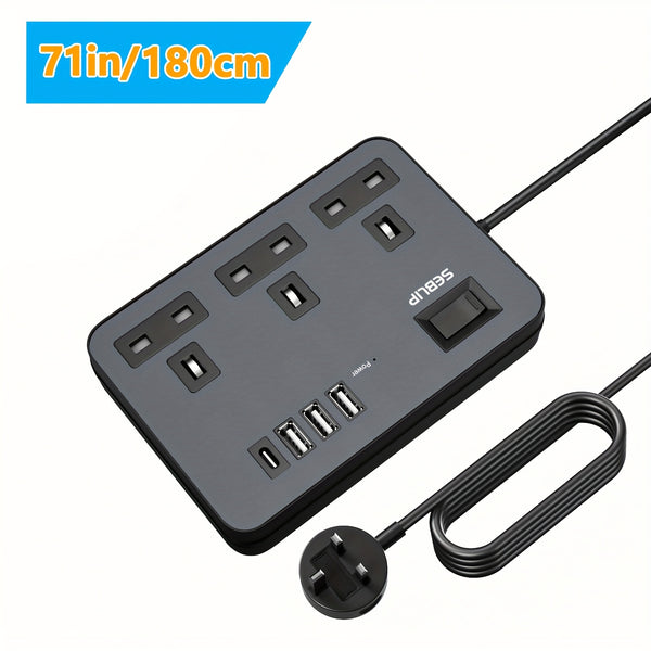 Power Supply 7in 1 Flat Plug Power Socket Outlet Extension Lead, 4 USB Slots Charging Ports Extension Socket, Multi Socket Power Board