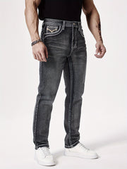 Men'S Elastic Washed Denim Jeans with Thick Line Embroidery on The Front And Back Pockets