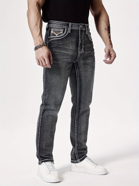Men'S Elastic Washed Denim Jeans with Thick Line Embroidery on The Front And Back Pockets
